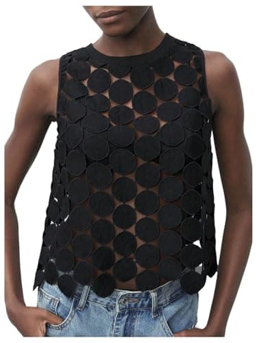 SHENHE Women's Asymmetrical Vest Top See Through Circular Embroidered Crew Neck Sleeveless Vest Crop Top Black Medium