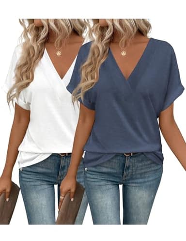 EyMuse 2 PCS Womens Fashion Tops V Neck T Shirts 2025 Short Sleeve Trendy Loose Fit Dressy Lightweight Soft Casual Summer Outfits Tees,White+Navy,XL