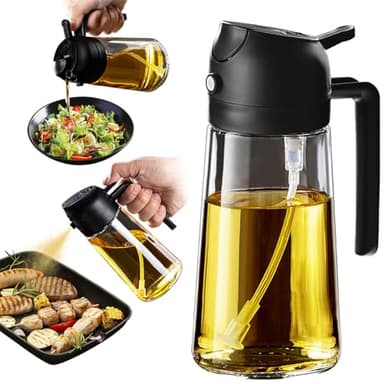 TrendPlain 16oz/470ml Glass Olive Oil Sprayer for Cooking – 2 in 1 Olive Oil Dispenser Bottle for Kitchen Gadgets and Air Fryer Accessories, Salad, BBQ - Black